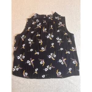 Rebecca Taylor Floral Silk Sleeveless High Neck Navy Blue Blouse - Size 2